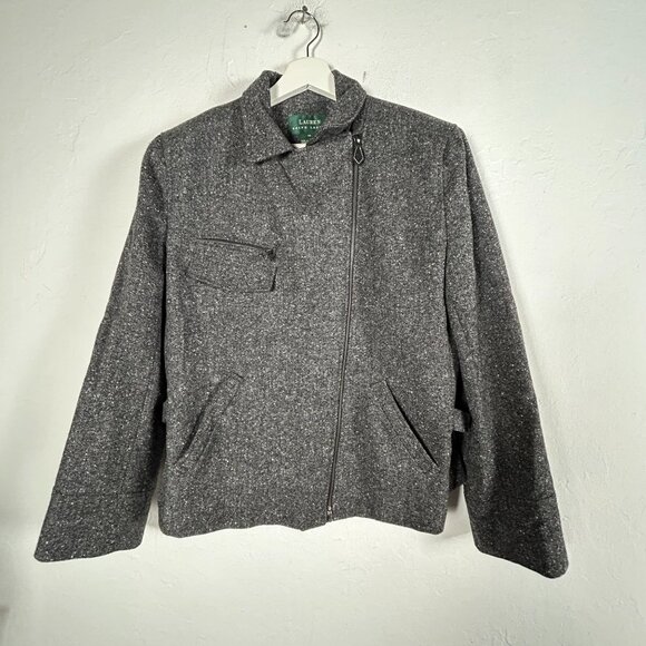 Lauren Ralph Lauren Womens Asymmetric Zip Tweed Jacket Size 12 Gray Pockets - Picture 1 of 8